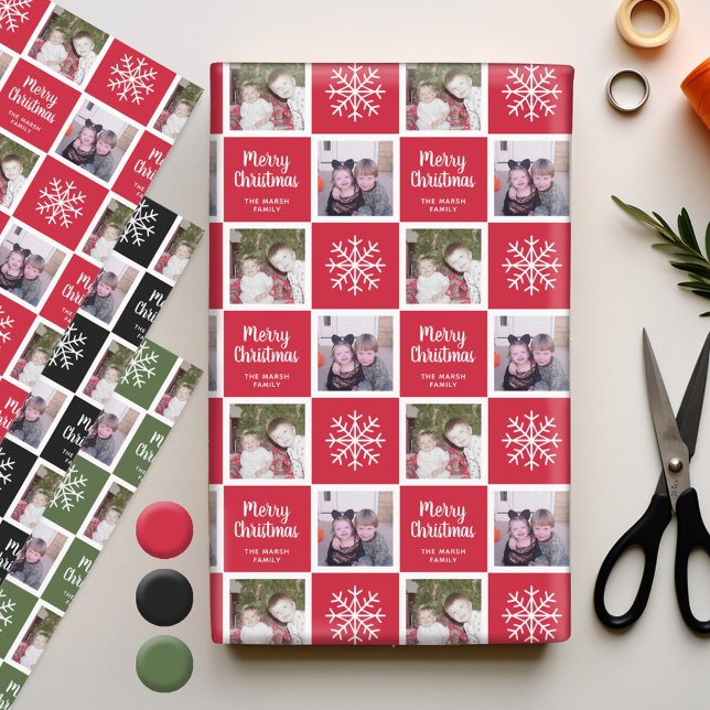2 Foto Rote Grüne Schwarze Frohe Weihnachtsschneef Geschenkpapier Set (Personalized Wrapping Paper - add photos to this festive holiday design)