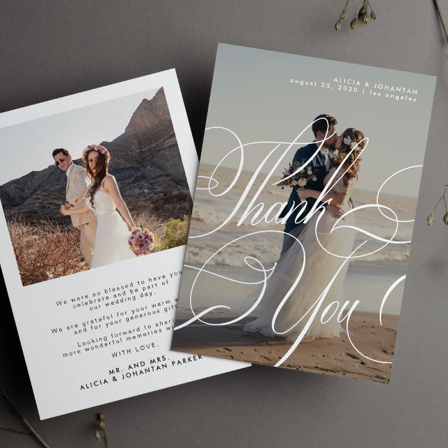 2 Foto schlichte Kalligrafieschrift Hochzeit Dankeskarte (Von Creator hochgeladen)