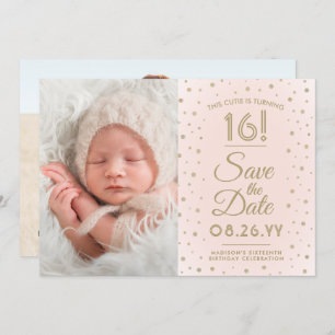 2 Foto Sweet 16 Birthday Blush Gold Save the Date