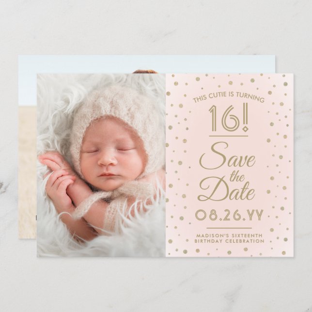 2 Foto Sweet 16 Birthday Blush Gold Save the Date (Vorne/Hinten)