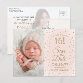 2 Foto Sweet 16 Birthday Blush Gold Save the Date Einladungspostkarte