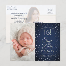 2 Foto Sweet 16 Birthday Navy Blau Save the Date Einladungspostkarte