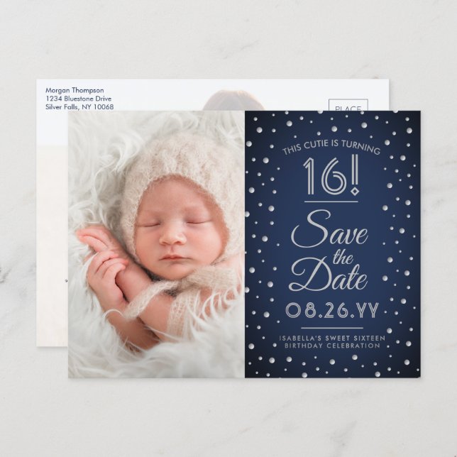 2 Foto Sweet 16 Birthday Navy Blau Save the Date Einladungspostkarte (Vorne/Hinten)