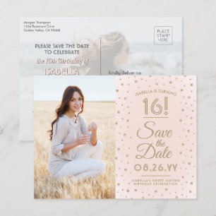 2 Foto Sweet 16 Birthday Save the Date Blush Gold Einladungspostkarte
