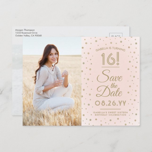 2 Foto Sweet 16 Birthday Save the Date Blush Gold Einladungspostkarte (Vorne/Hinten)