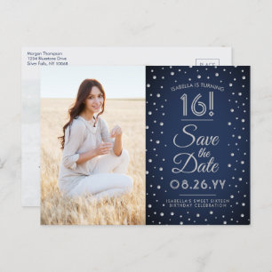 2 Foto Sweet 16 Birthday Save the Date Navy Blue Einladungspostkarte