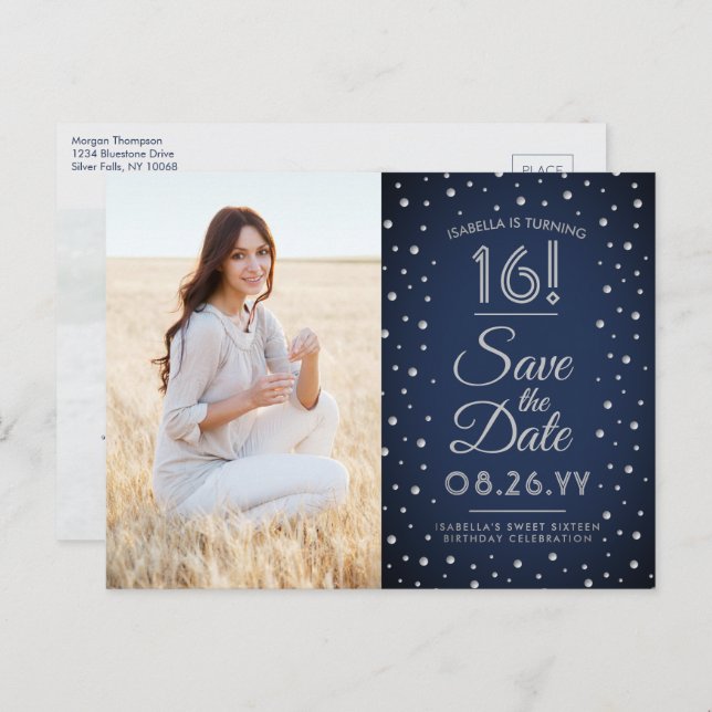 2 Foto Sweet 16 Birthday Save the Date Navy Blue Einladungspostkarte (Vorne/Hinten)