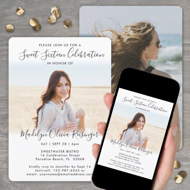 2 Foto Sweet 16 Chic Modernes, elegantes Script Einladung (Von Creator hochgeladen)