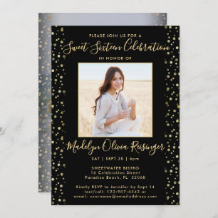2 Foto Sweet 16 Moderner Black and Gold Glitzer Einladung