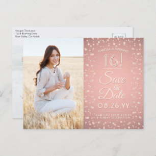 2 Foto Sweet 16 Save the Date Rose Gold Glitzer Einladungspostkarte