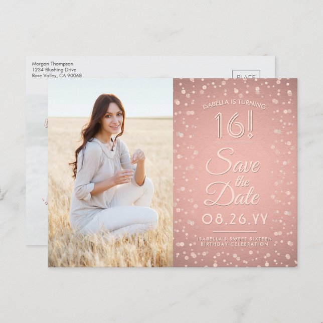 2 Foto Sweet 16 Save the Date Rose Gold Glitzer Einladungspostkarte (Vorne/Hinten)