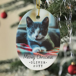 2 Foto Text Meowa Weihnachtskatze Einfach Weiß Keramik Ornament