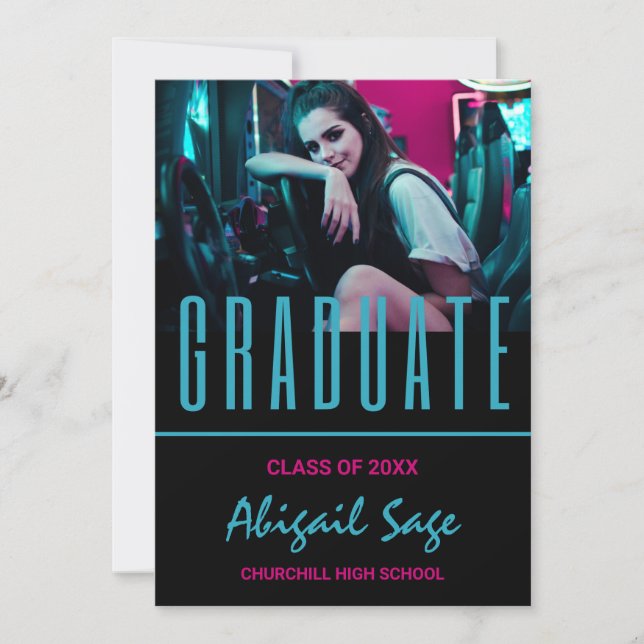 2 Foto Trendy Modern Aqua Pink Black Abschluss Einladung (Vorderseite)