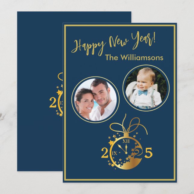 2 Foto-Uhr-Karte zum Jahreswechsel - Happy New Yea Einladung (Vorne/Hinten)