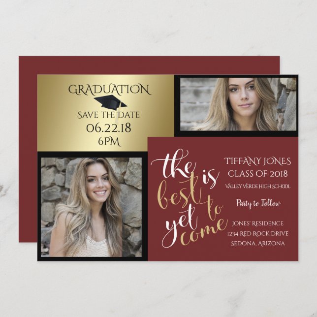 2 FOTO und WÄHLEN SIE IHREN FARBE Burgund Abschlus Einladung (Vorne/Hinten)