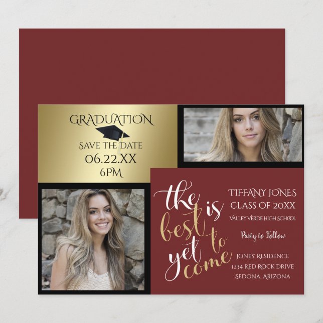 2 FOTO und WÄHLEN SIE IHREN FARBE Burgund Abschlus Einladung (Vorne/Hinten)