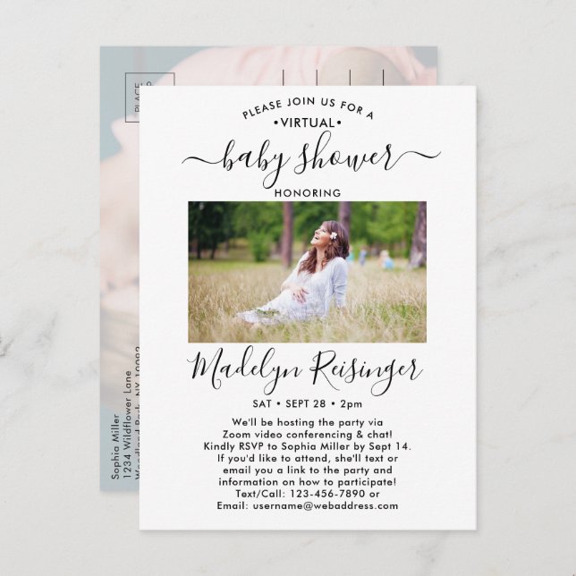 2 Foto Virtual Baby Dusche by Mail Modernes Skript Einladungspostkarte (Vorne/Hinten)