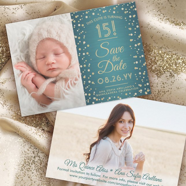 2 Foto von Quinceanera Elegant Teal Blue Gold Glit Save The Date (Von Creator hochgeladen)