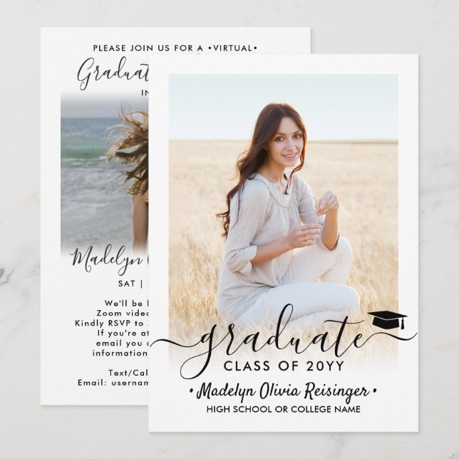 2 Foto von Virtual Graduation Party Elegant Script Einladung (Vorne/Hinten)