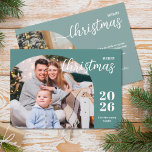 2 Foto Weihnachtsgeschoss modern minimalistisch Feiertagskarte<br><div class="desc">Diese elegante und moderne Weihnachtsgrüßkarte zeichnet sich durch ein minimalistisches Design aus, das 2 Ihrer Lieblingsbilder in trendigen Bogenrahmen zeigt. Einfach anpassbar mit Ihrem Familiennamen und dem aktuellen Jahr in stilvollen Serif-Schriftart über einen modernen aquamarinen Hintergrund auf der Vorderseite und mit Ihrer persönlichen Grußbotschaft in einem weißen klassischen Serif-Schriftart auf...</div>