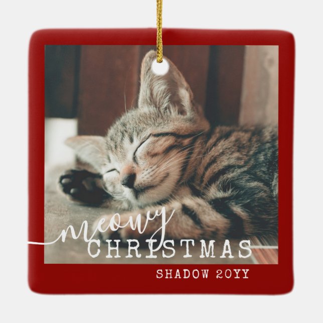 2 Foto Zwei Katzen MeowChristmas Rustikal Rot Keramikornament (Rückseite)