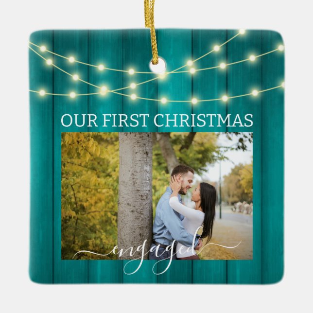 2 Fotos 1. Weihnachten Verlobtes Aquamarines Parke Keramikornament (Vorderseite)