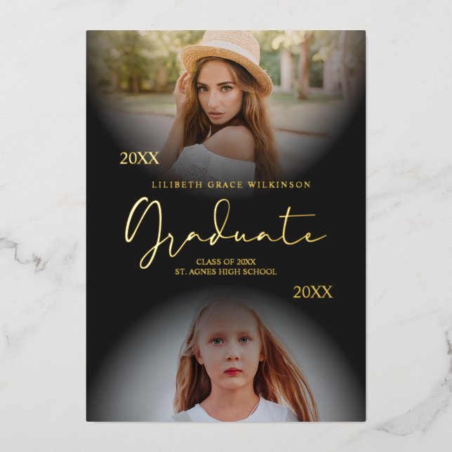 2 Fotos Abschluss Echter Goldener Garten Dann & Je Folieneinladung (Vorderseite)