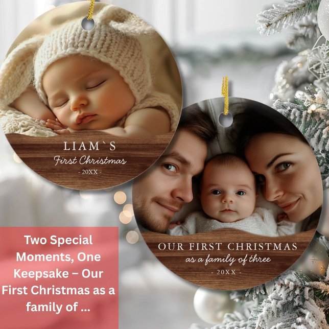 2 Foto's Baby's First Christmas - Rustikales Holz Keramik Ornament (2 Photo´s Baby's First Christmas - Rustic Wood Ceramic Ornament)