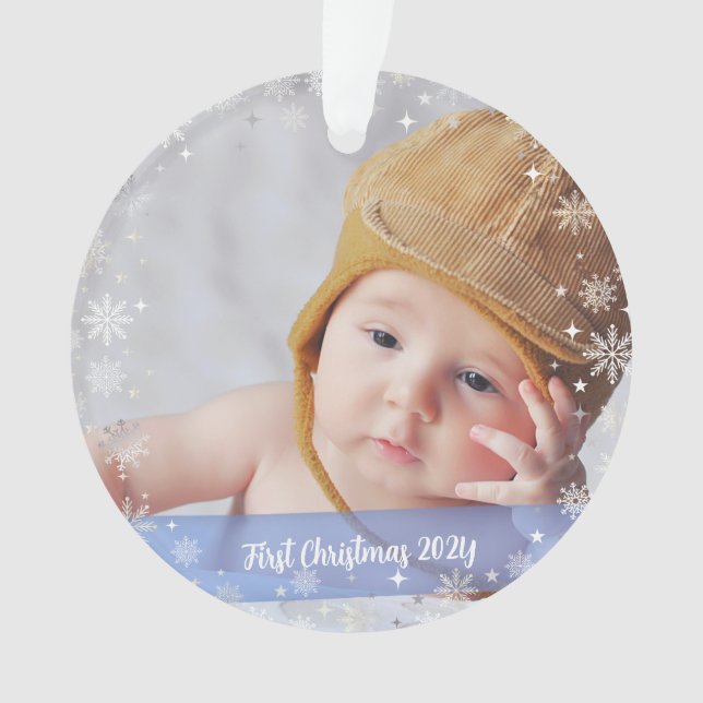 2 Fotos Elegante First Christmas Schneeflocken Ornament (Vorderseite)