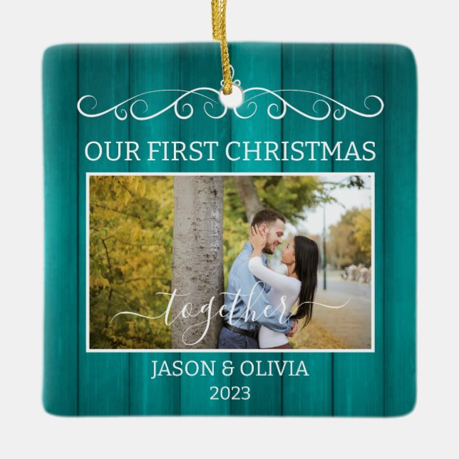 2 Fotos Erste Weihnachten Zusammen Aquamarines Hol Keramikornament (Vorderseite)