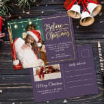 2 Fotos glauben an die Weihnachtszauberei Folien Feiertagspostkarte<br><div class="desc">Moderne Weihnachtspostkarte mit einem Ihrer Lieblingssendportraits der Weihnachtsfamilie auf dem links, ergänzt durch einen echten Goldfolienrahmen und eine Formulierung, die "Glaube an die Magie der Weihnachtszeit" auf der rechten Seite über einen modernen violetten Hintergrund, anpassbar mit Ihrer eigenen Begrüßungsbotschaft. Die Rückseite der Postkarte ist mit einem zweiten Bild, Ihrer Rücksendeadresse...</div>