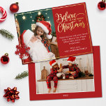 2 Fotos glauben an Weihnachtsmagie Rot Folien Feiertagskarte<br><div class="desc">Moderne Weihnachtsgrüßkarte mit einem Ihrer Lieblingsportraits der Weihnachtsfamilie auf dem verlassen, ergänzt durch einen echten Goldfolienrahmen und eine Formulierung, die "Glaube an die Magie der Weihnachtszeit" auf der rechten Seite über einen festlich roten Hintergrund, anpassbar mit Ihrer eigenen Begrüßungsbotschaft. Sie können ein weiteres Bild auf der Rückseite der Karte hochladen....</div>