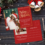 2 Fotos glauben an Weihnachtsmagie Rot Folien Feiertagspostkarte<br><div class="desc">Moderne Feiertagsgrüße mit einer Ihrer Lieblingssendungen der Weihnachtsfamilie auf den verlassen, ergänzt durch einen echten Goldfolienrahmen und eine Formulierung, die "Glaube an den Zauber der Weihnachtszeit" auf der rechten Seite über einen festlich roten Hintergrund, anpassbar mit Ihrer eigenen Begrüßungsbotschaft. Die Rückseite der Postkarte ist mit einem zweiten Bild, Ihrer Rücksendeadresse...</div>