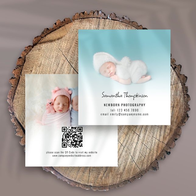 2 Fotos QR Code Baby Fotograf Square Quadratische Visitenkarte (Von Creator hochgeladen)