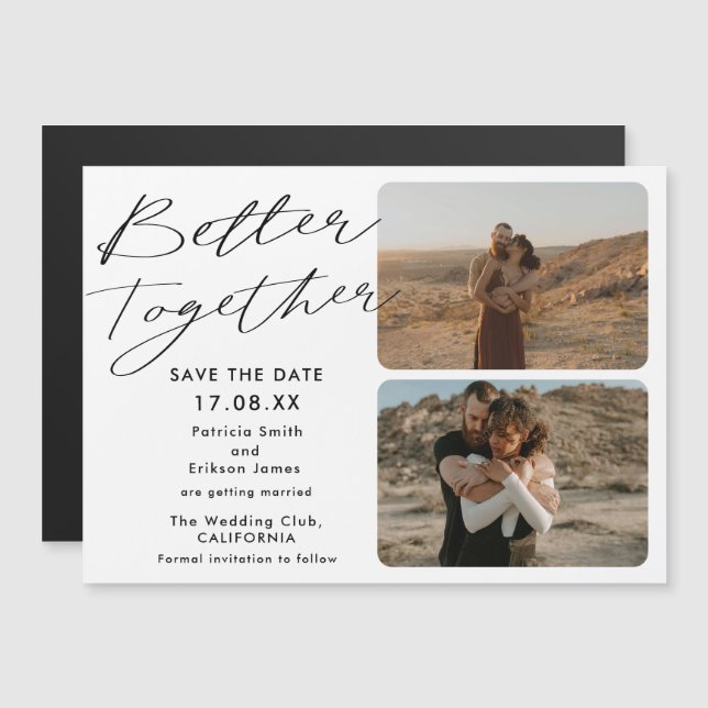 2 Fotos Save the Date besser Schwarz-weiß Magnetkarte (Vorne/Hinten)