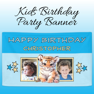 2 Fotos Tiger Geburtstag Name Kinder blaue Party Banner