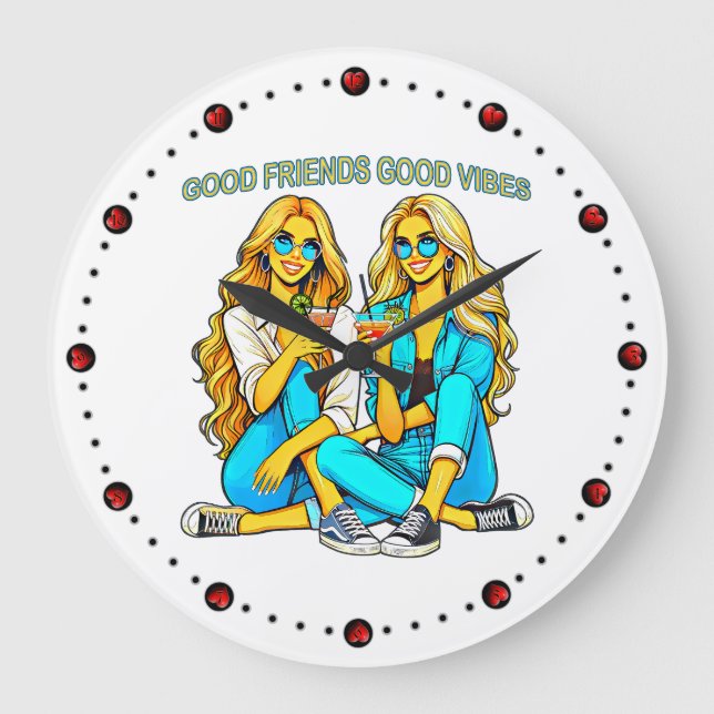 2 Freundinnen Good Friends Good Vibes mit Cocktail Große Wanduhr (Vorderseite)