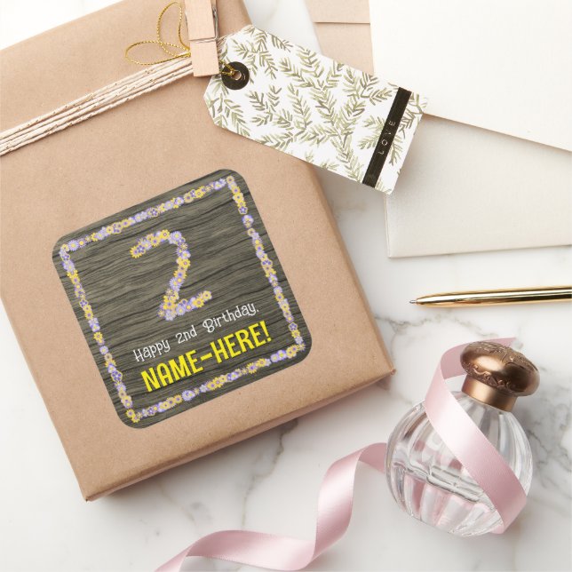 2. Geburtstag: Blumennummer, Imitate Holzbild, Nam Quadratischer Aufkleber (Schenken)