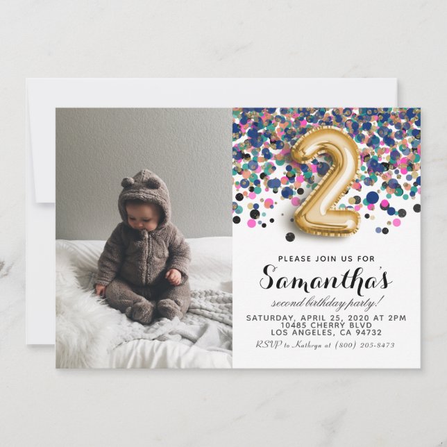 2. Geburtstag Confetti Portrait Einladung (Vorderseite)