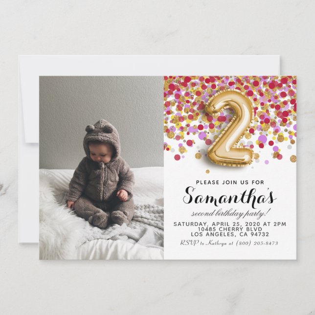 2. Geburtstag Confetti Portrait Einladung (Vorderseite)