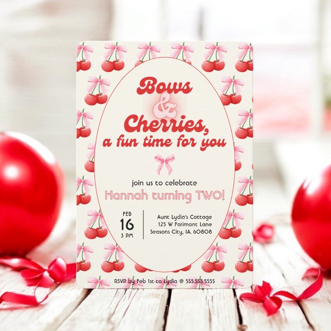 2. Geburtstag Coquette Cherries Bubble Letters Einladung (Von Creator hochgeladen)