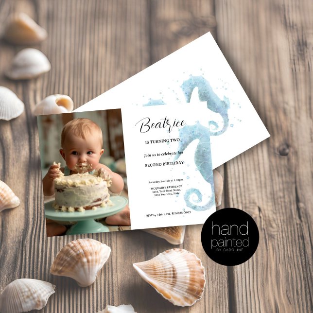 2. Geburtstag Dusty Blue Seepferd Foto Einladung (2nd Birthday Invitation Watercolor Seahorse)