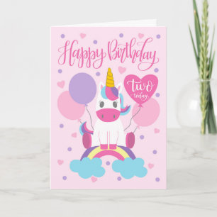 2. Geburtstag Einhorn sitzt auf einem Regenbogen Karte