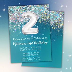2. Geburtstag Einladung Aquamariner Silberner Glit