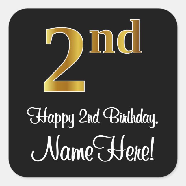 2. Geburtstag - Elegantes Luxus-Imitate Gold Look  Quadratischer Aufkleber (Vorderseite)