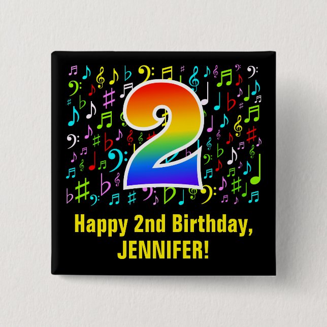 2. Geburtstag: Farbige Musiksymbole, Regenbogen 2 Button (Vorderseite)
