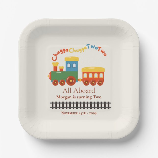 2. Geburtstag farbiger Zug Chugga Choo Two Pappteller (Vorderseite)