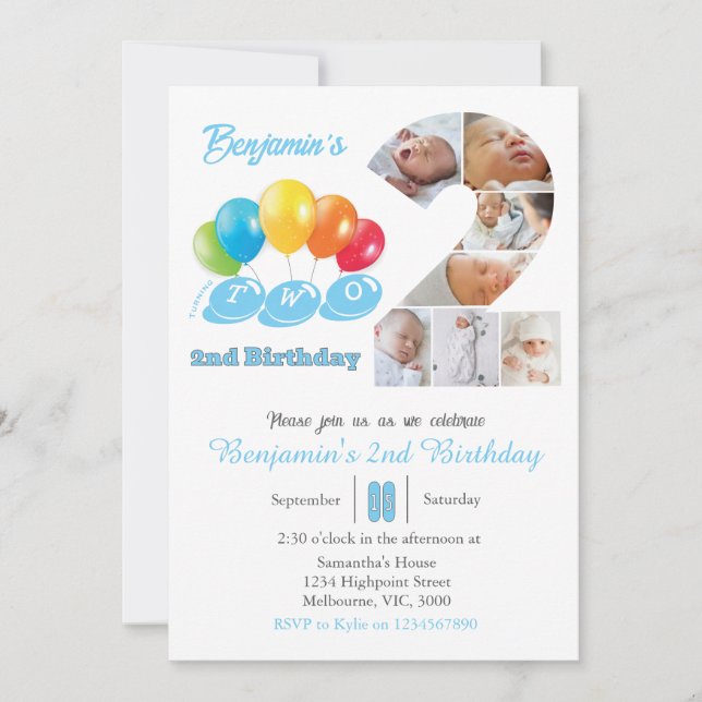 2. Geburtstag Foto Collage Nr. 2 Junge Einladung (Vorderseite)