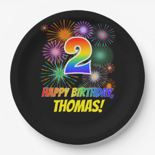 2. Geburtstag: Fun Fireworks Pattern + Regenbogen  Pappteller