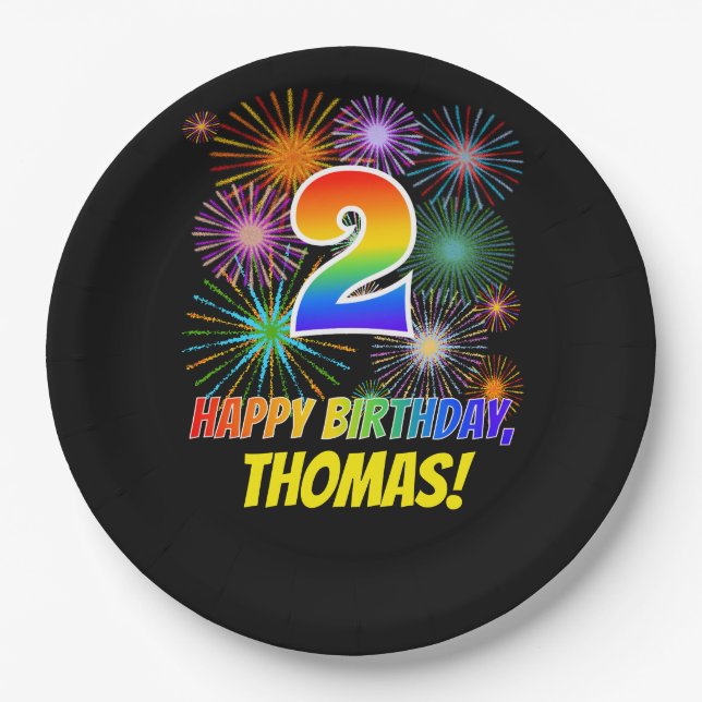 2. Geburtstag: Fun Fireworks Pattern + Regenbogen  Pappteller (Vorderseite)